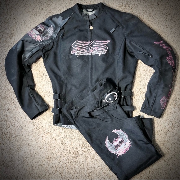 Speed and strength black/pink w/bling motorcycle jacket & matching chaps - Picture 1 of 16